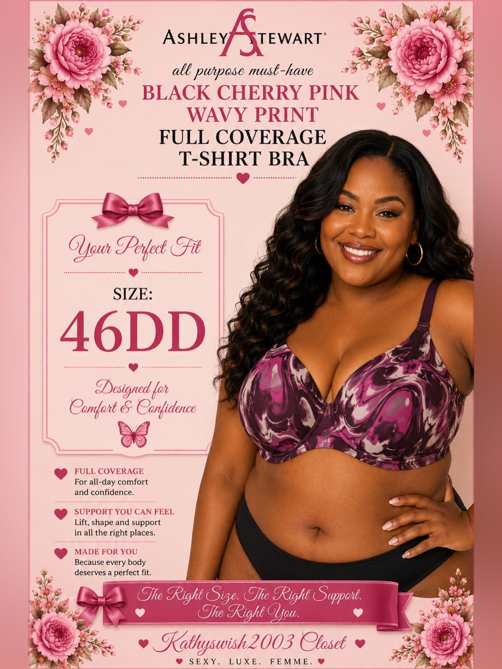 Ashley Stewart Black Cherry Pink Wavy Full Coverage TShirt Bra, 46DD NWT